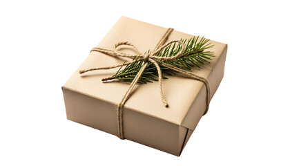 A wrapped gift box with a festive pine decoration and twine bow