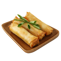 spring rolls on wooden plate, white background