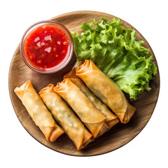 spring rolls on wooden plate, white background