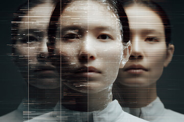 Glitchy portrait of a woman with multiple overlapping faces