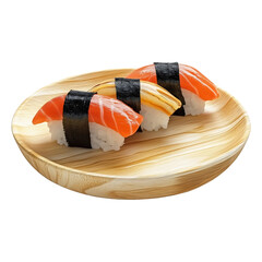 uni nigiri on wooden plate, white background