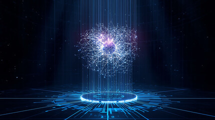 neonlit futuristic digital network interface with glowing lines and circles on dark background