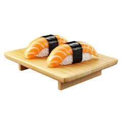 uni nigiri on wooden plate, white background