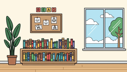 Cozy indoor reading corner with bookshelves and inspiring wall art © Alis