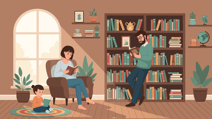 Cozy family reading session in a well-lit living room with large window and bookshelves creating a © Alis