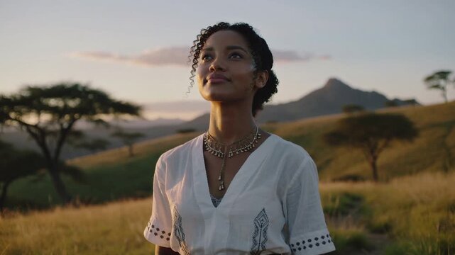 Jeune femme souriante, v&ecirc;tue d'une tunique blanche brod&eacute;e et d'un collier dor&eacute;, se tenant dans une savane herbeuse au coucher de soleil, avec des collines en arri&egrave;re-plan