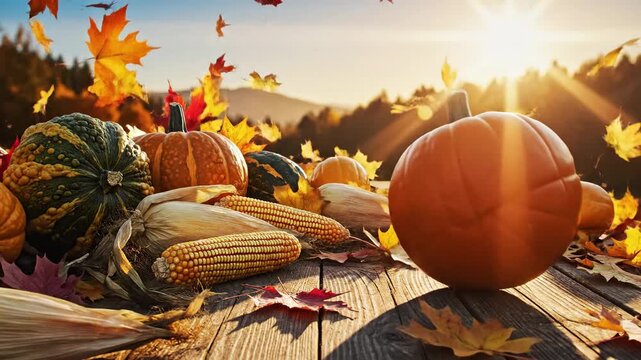Autumn harvest on a rustic wooden table with pumpkins and falling leaves.