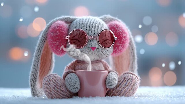 Adorable knitted bunny toy wearing earmuffs and sunglasses holding a pink cup in a cozy winter scene. Cute Christmas card footage.