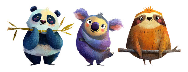 Naklejka premium Cozy Animal Illustration in Warm Style Featuring Adorable Panda, Koala, and Sloth