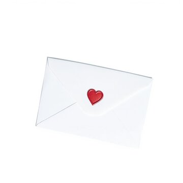 Sealed white envelope with a bright red heart wax seal isolated against a clean white background for romance