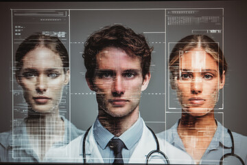 Medical professionals with futuristic facial recognition technology interface