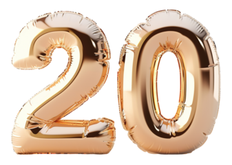 Gold number 20 is shown on transparent background. The number has a metallic shine. This cut out element can be used for various celebration events and parties