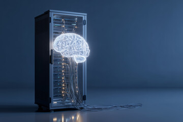 Glowing brain emerging from server tower with neural network connections