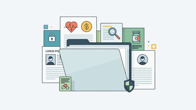 digital security and data protection concept with file folder and icons illustrating safety and