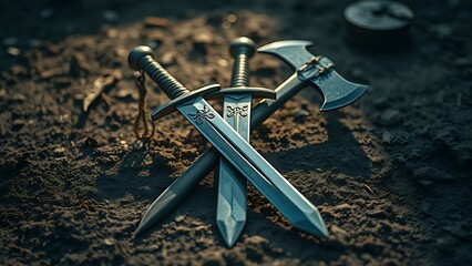 speciation. Medieval sword and axe crossed on a ground, dirt and minimal debris, dramatic side lighting. event programs, museum guides, designed for cultural heritage projects and event programs.