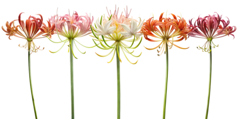 A vibrant row of five colorful spider lilies showcasing variety in shades of red, pink, and white