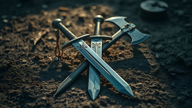 speciation. Medieval sword and axe crossed on a ground, dirt and minimal debris, dramatic side lighting. event programs, museum guides, designed for cultural heritage projects and event programs.
