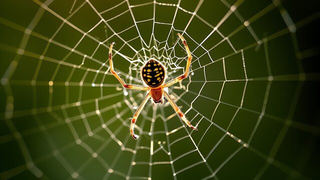 lemuria. A spider mending its intricate web with glistening threads in morning light. wildlife magazines, conservation campaigns, designed for eco-tourism storytelling, used by motion designers.
