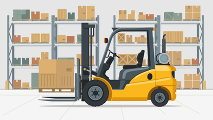 Efficient warehouse operations with a modern yellow forklift moving pallets among organized shelves