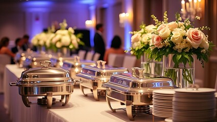 chafing. Lavish wedding buffet featuring silver serving dishes and beautiful floral centerpieces. public awareness campaigns.