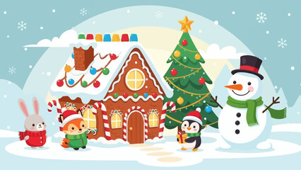 Festive winter holiday scene with decorated gingerbread house, cheerful snowman, adorable animals