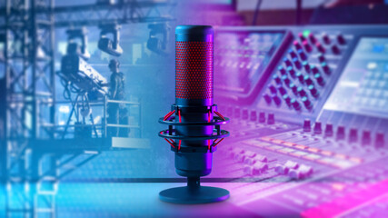 Audio production as a studio microphone stands before mixing consoles and stage equipment,...