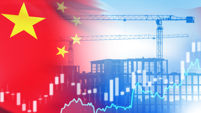 Economic construction analysis as China’s building sector is shown with cranes and market charts, illustrating industry growth, investment dynamics and structural development trends. - Powered by Adobe