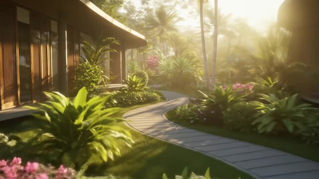 Serene pathway through lush tropical gardens leads to modern buildings