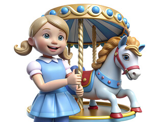 Happy girl riding a carousel horse isolated on transparent background