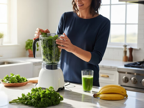 Woman adding fresh spinach to blender for healthy green smoothie in a bright kitchen - Powered by Adobe