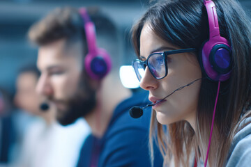 Customer service representatives wearing headsets in call center