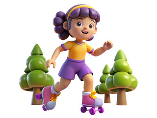Cartoon girl roller skating happily through a forest isolated on transparent background