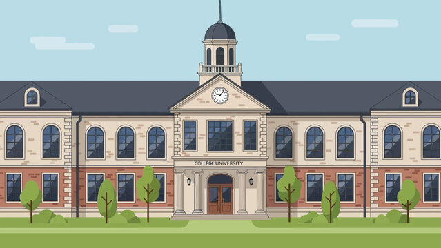 Illustration of a historic college campus building with classic architecture and lush greenery