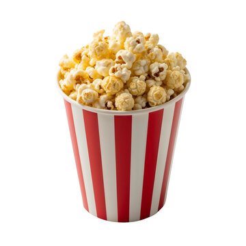 Striped Cylindrical Popcorn Container Filled to the Top on Transparent Background