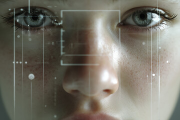 Close-up of woman's face with facial recognition technology scanning