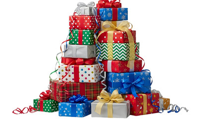 A colorful stack of wrapped christmas presents in a tree shape