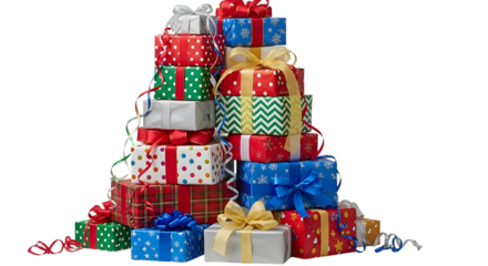 A colorful stack of wrapped christmas presents in a tree shape