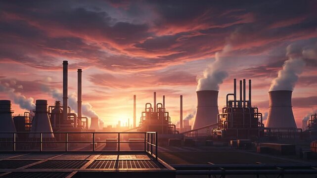 A sunset over smoky factories with vivid sky, chemical awareness, safety protocols