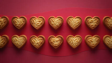 Fototapeta premium Golden heart shaped cookies on red background