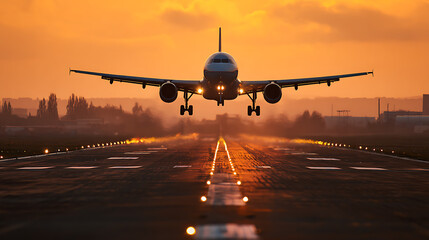 The image shows an airplane touching down on the runway, capturing a calm and cinematic moment of arrival with warm golden-hour lighting.