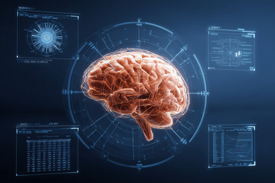 Human brain with futuristic digital interface and data screens around it - Powered by Adobe