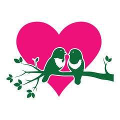 Bundle collection set design two love birds sitting on a branch with heart silhouette art design illustration