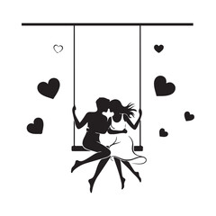 Bundle collection set design couple silhouette on a swing with hearts silhouette art design illustration