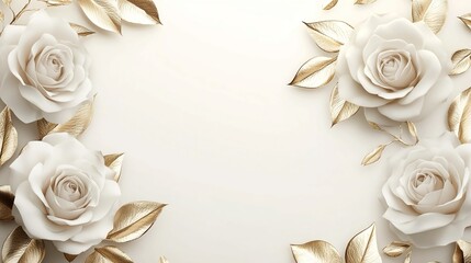 White roses framed with golden leaf details. Elegant wedding or anniversary invitation design.