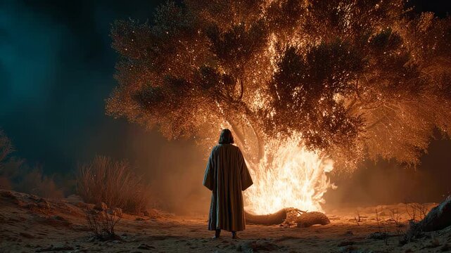 Biblical scene of Moses witnessing the burning bush in the wilderness, a divine encounter where God reveals His presence and calling.