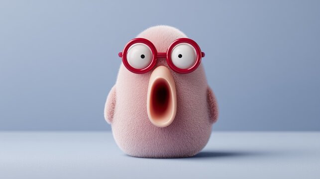 Cute pink creature with big eyes and red glasses yawning adorably.