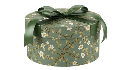 Elegant gift box with a floral pattern and green ribbon on a black background
