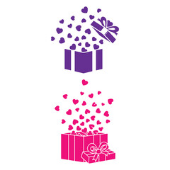 Bundle collection set design two gift boxes with hearts exploding out silhouette art design illustration