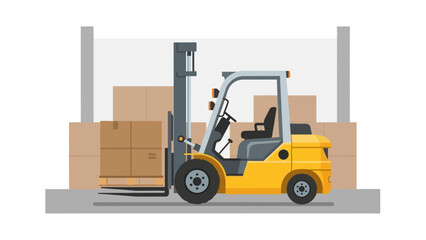 Industrial warehouse with a yellow forklift handling cardboard boxes and storage racks for