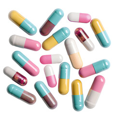 Capsules in different colors are scattered on a transparent background. Each capsule shows unique designs and patterns, creating a colorful display